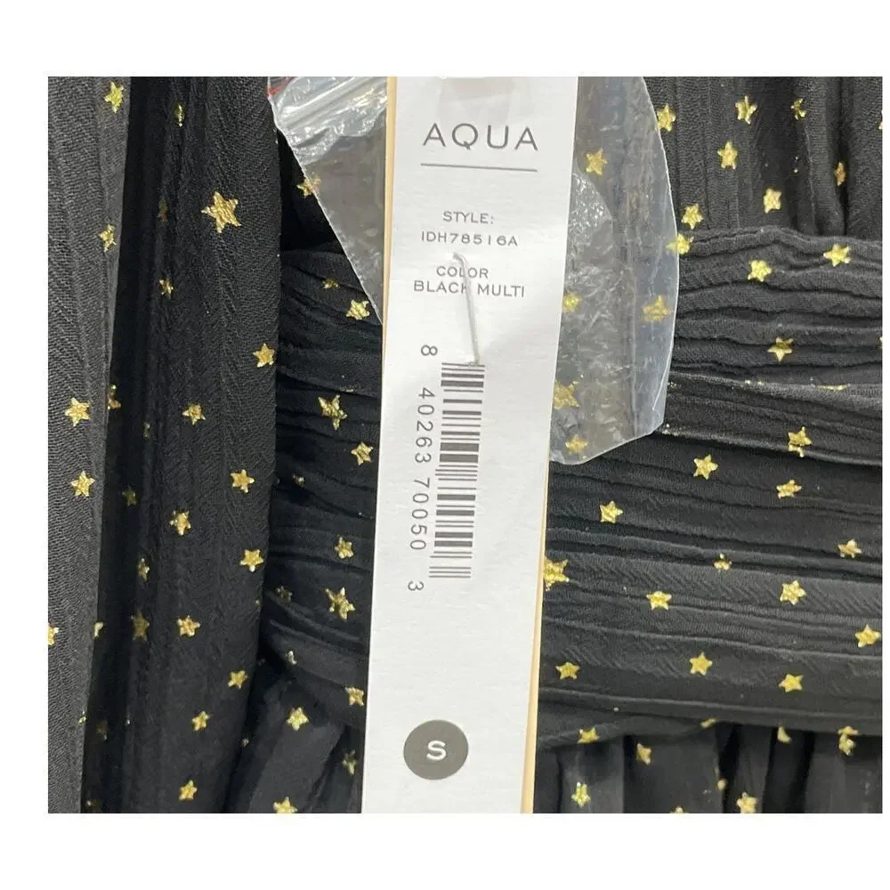 AQUA Black Gold Polka Dot Star Puff Sleeve Mini Dress S NWT - Picture 3 of 4